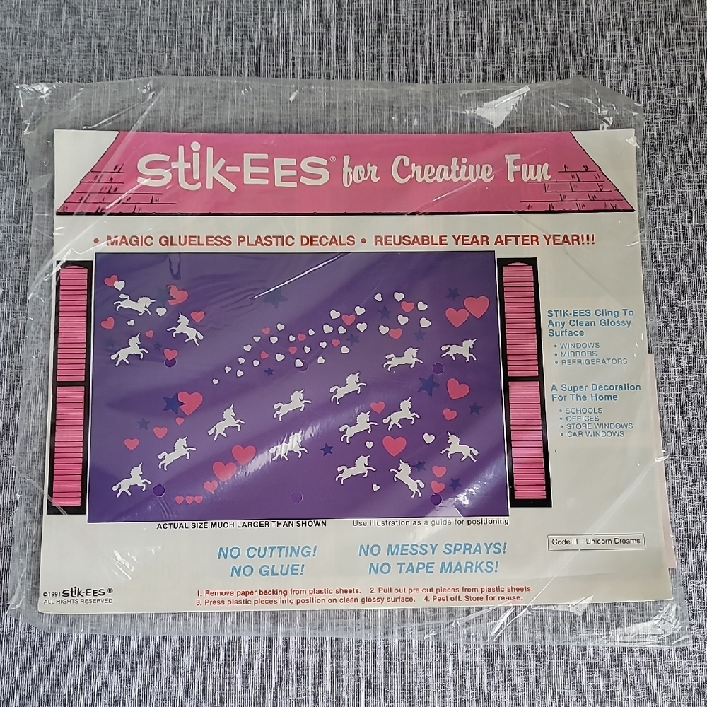 Vintage Stik-ees Unicorn Dreams Window Clings Decals Reusable Decor Heart New 🦄